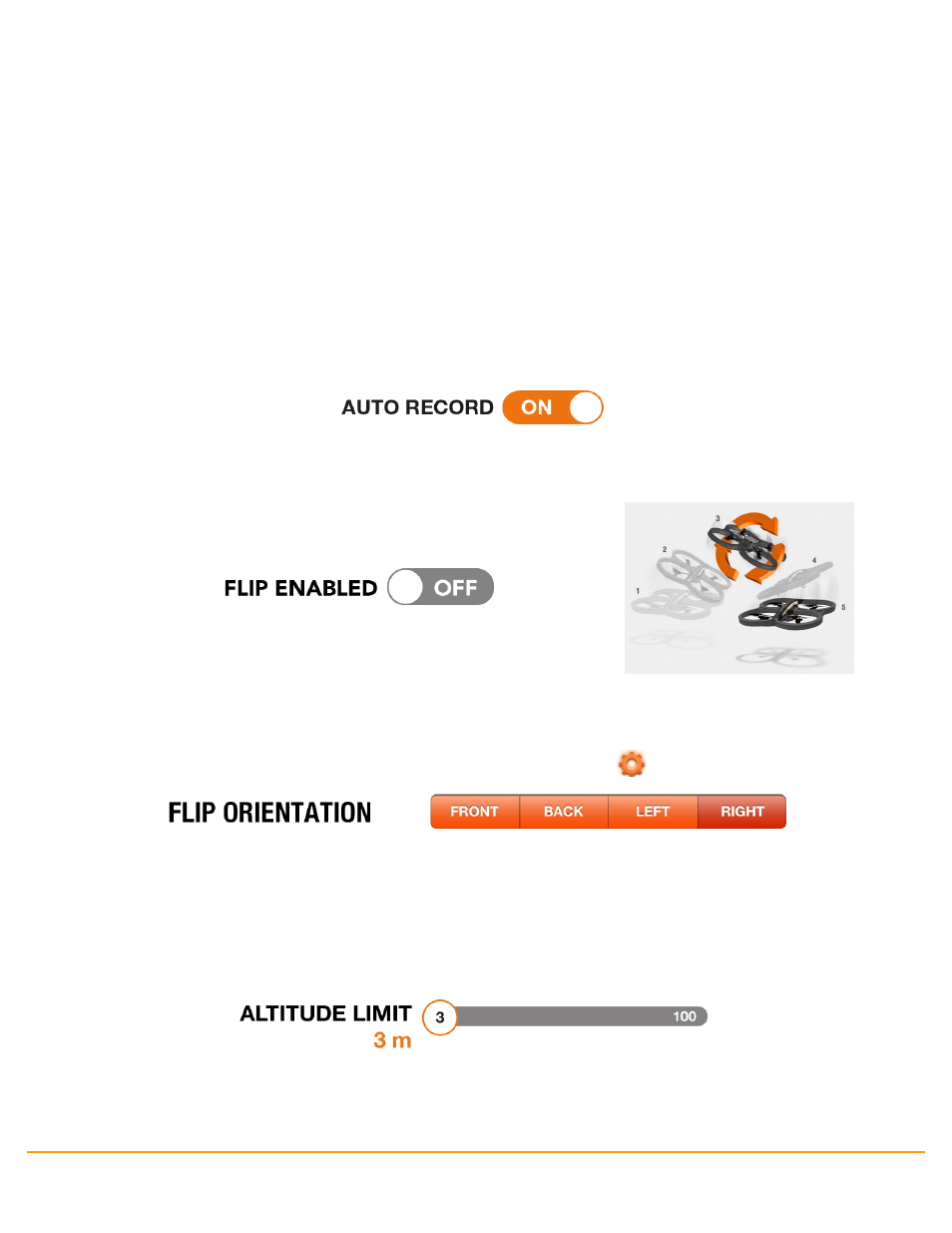 Automatic recording, Flip enabled, Flip orientation | Altitude limit | Parrot AR. Drone 2.0 User Manual | Page 27 / 39