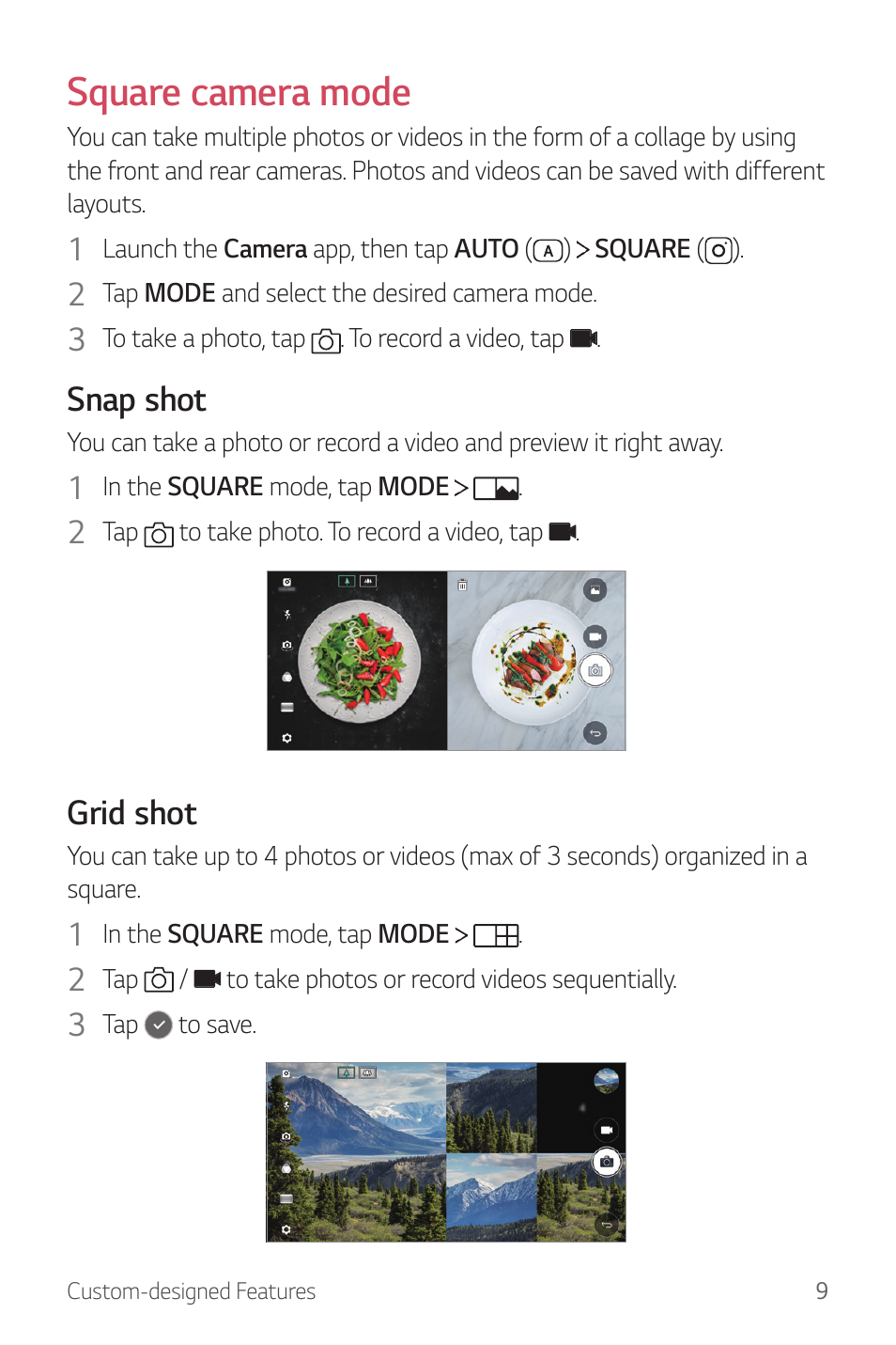 Square camera mode, Snap shot, Grid shot | LG G6 H872 User Manual | Page 10 / 183