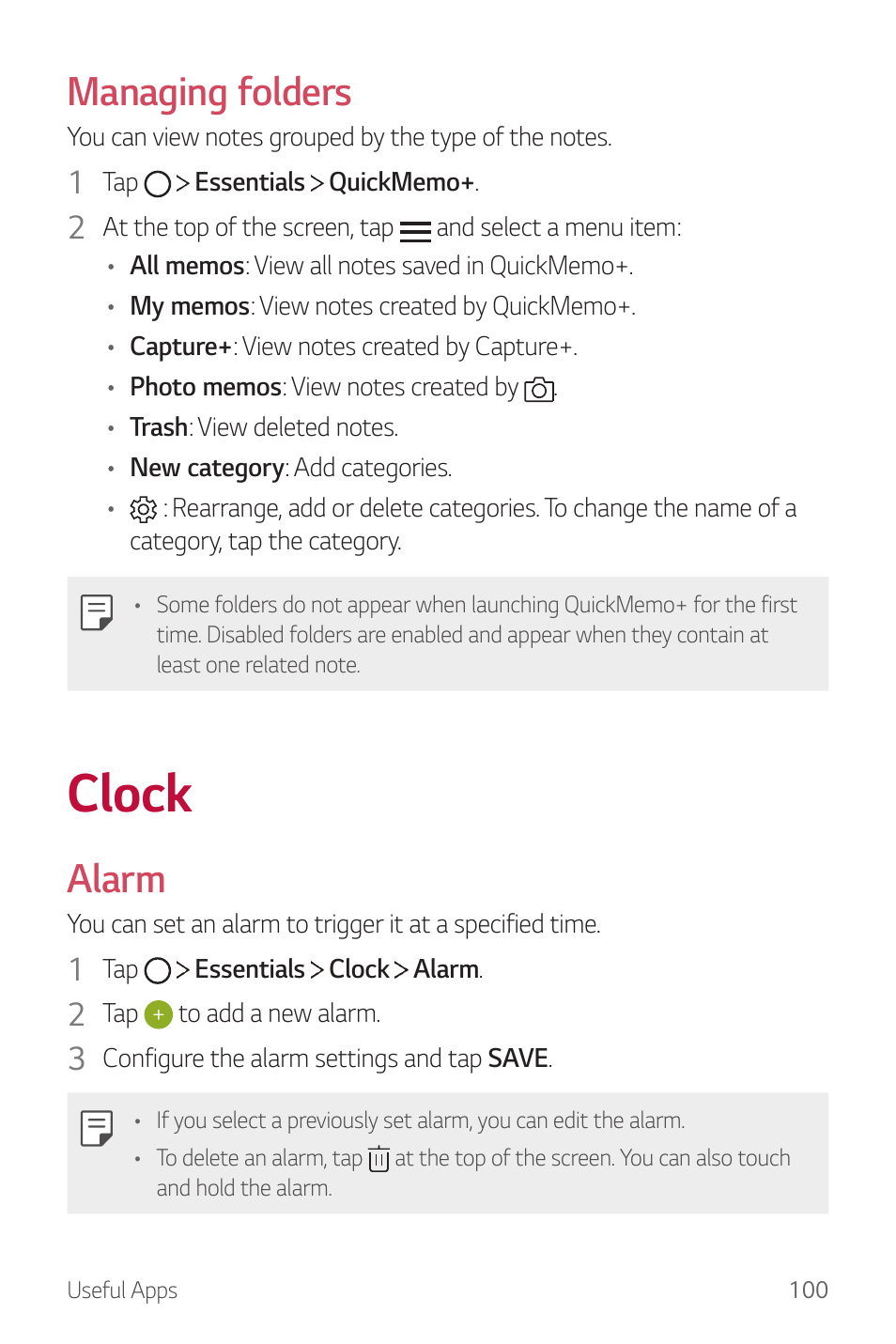 Clock, Managing folders, Alarm | LG G6 H872 User Manual | Page 101 / 183