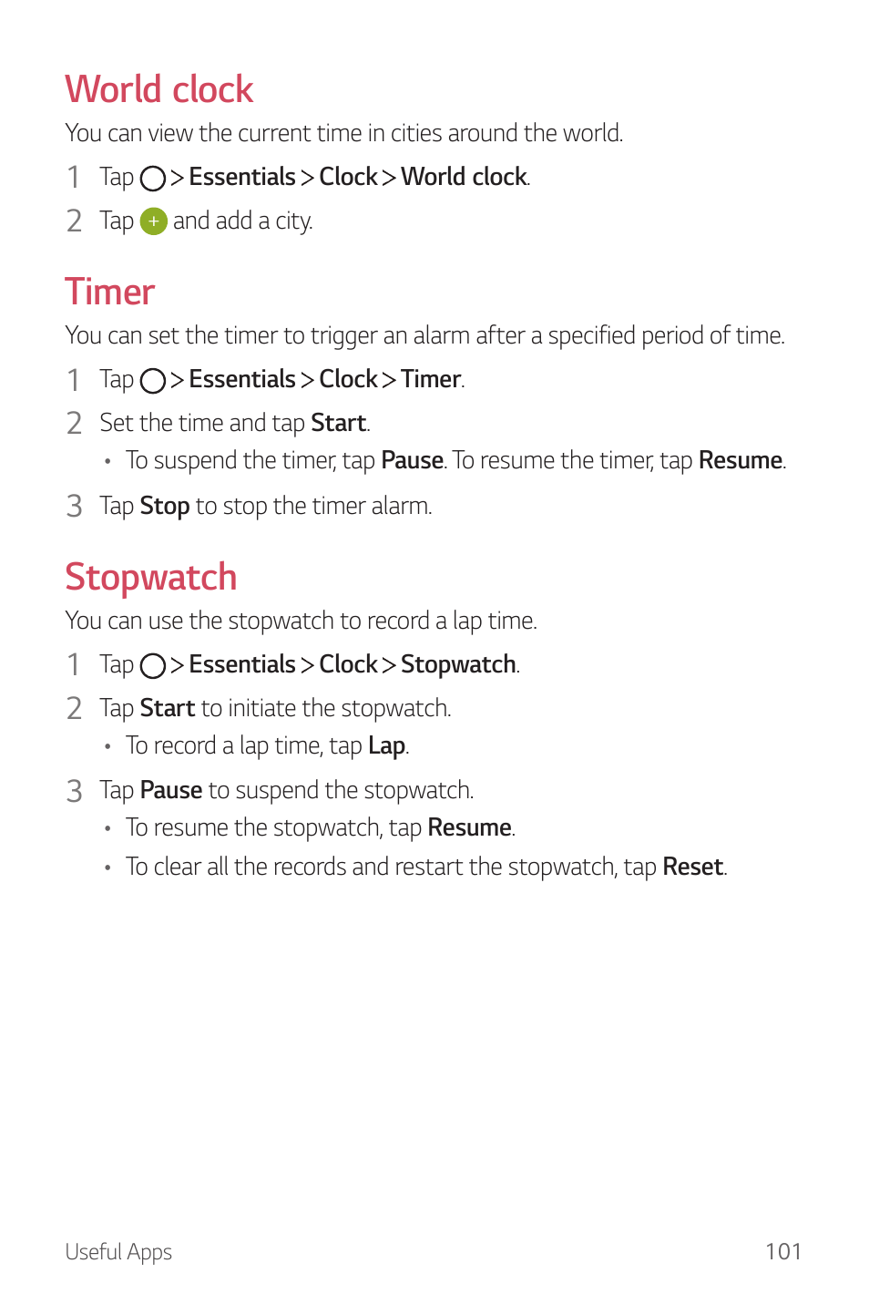 World clock, Timer, Stopwatch | LG G6 H872 User Manual | Page 102 / 183