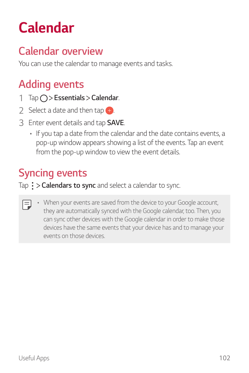 Calendar, Calendar overview, Adding events | Syncing events | LG G6 H872 User Manual | Page 103 / 183