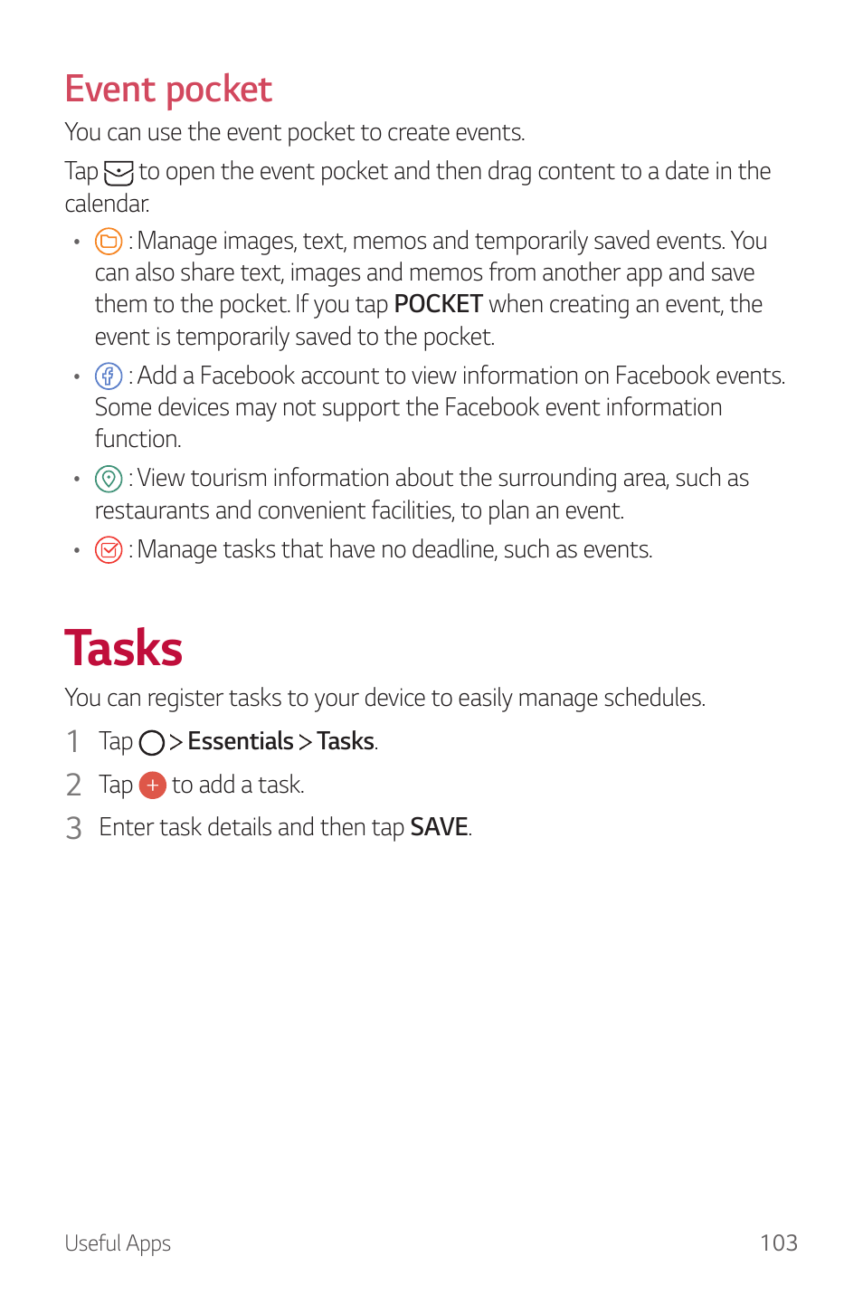 Tasks, Event pocket | LG G6 H872 User Manual | Page 104 / 183