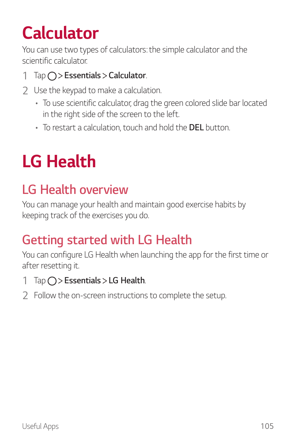 Calculator, Lg health, Lg health overview | Getting started with lg health | LG G6 H872 User Manual | Page 106 / 183