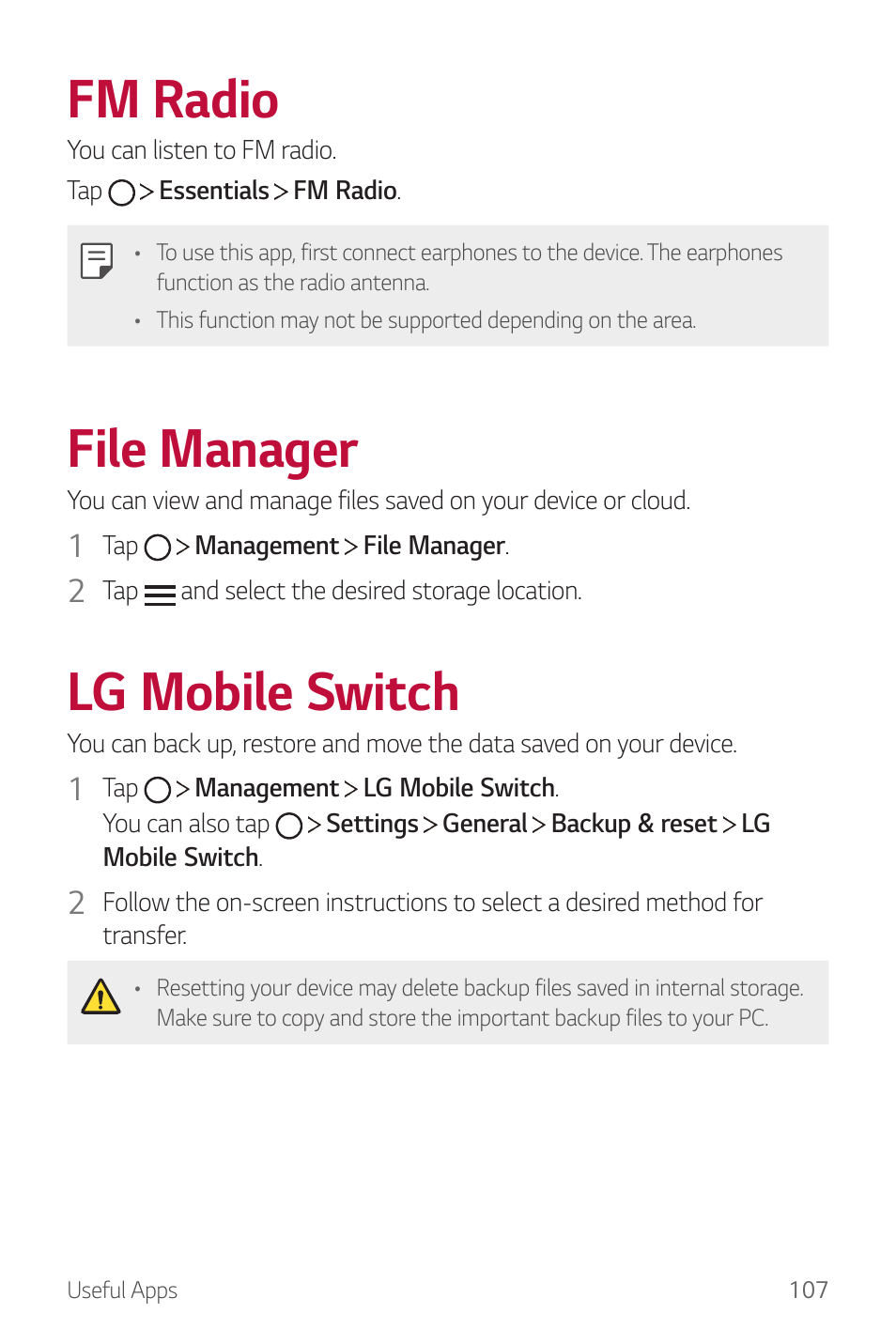 Fm radio, File manager, Lg mobile switch | LG G6 H872 User Manual | Page 108 / 183