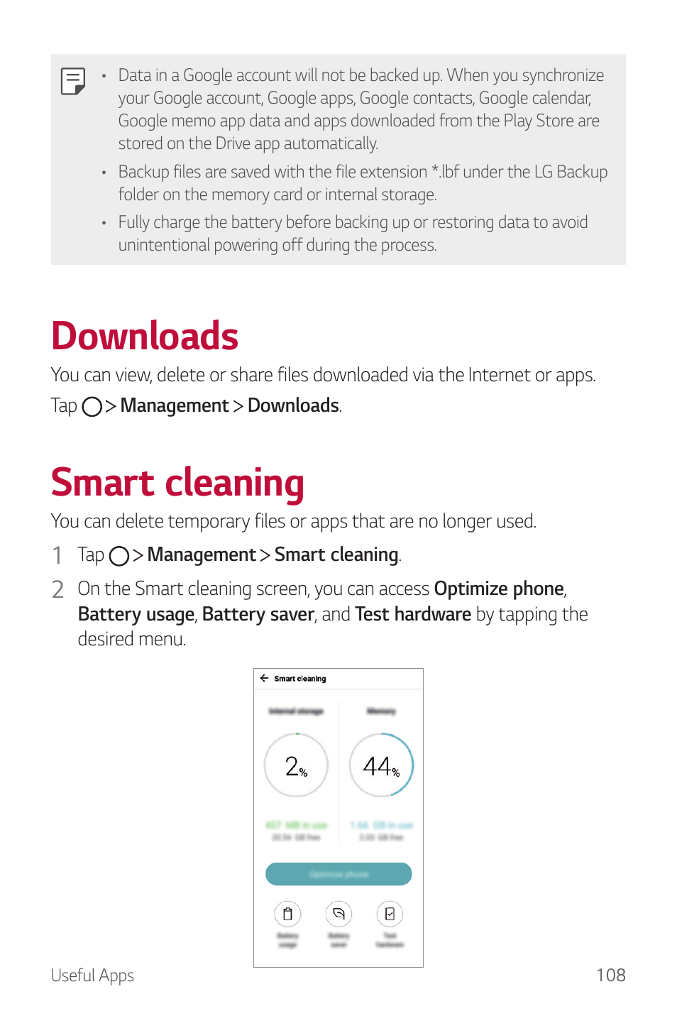 Downloads, Smart cleaning | LG G6 H872 User Manual | Page 109 / 183