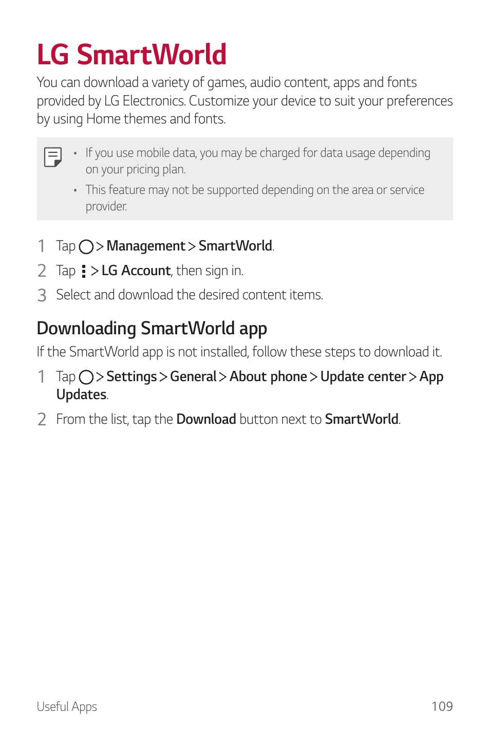 Lg smartworld, Downloading smartworld app | LG G6 H872 User Manual | Page 110 / 183