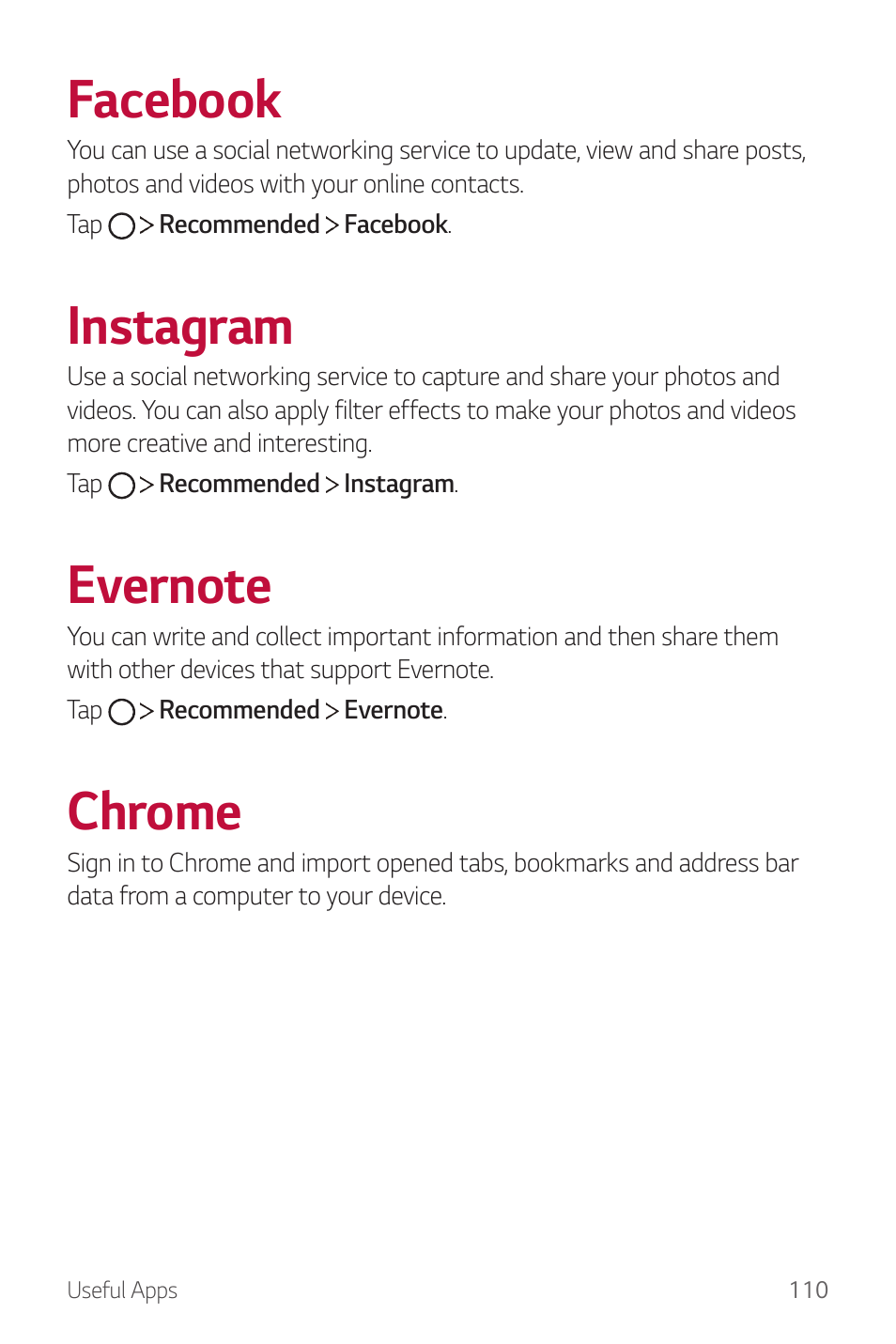 Facebook, Instagram, Evernote | Chrome | LG G6 H872 User Manual | Page 111 / 183