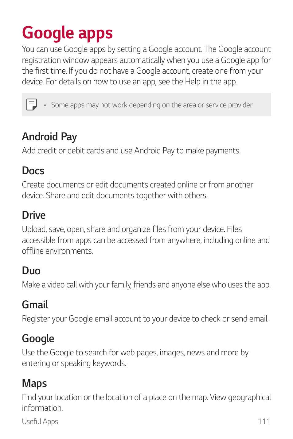 Google apps, Android pay, Docs | Drive, Gmail, Google, Maps | LG G6 H872 User Manual | Page 112 / 183