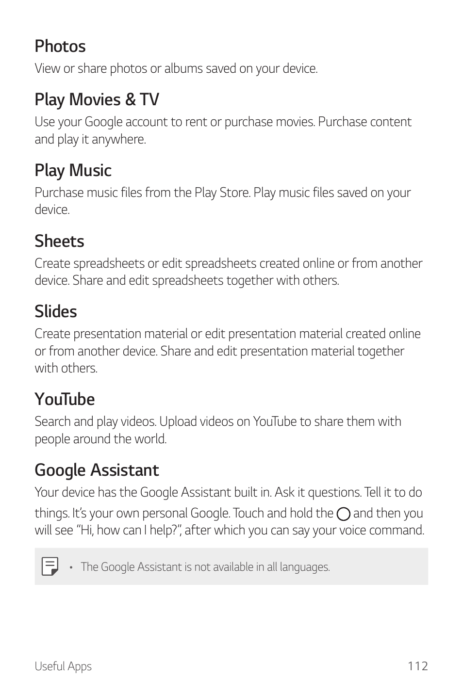 Photos, Play movies & tv, Play music | Sheets, Slides, Youtube, Google assistant | LG G6 H872 User Manual | Page 113 / 183