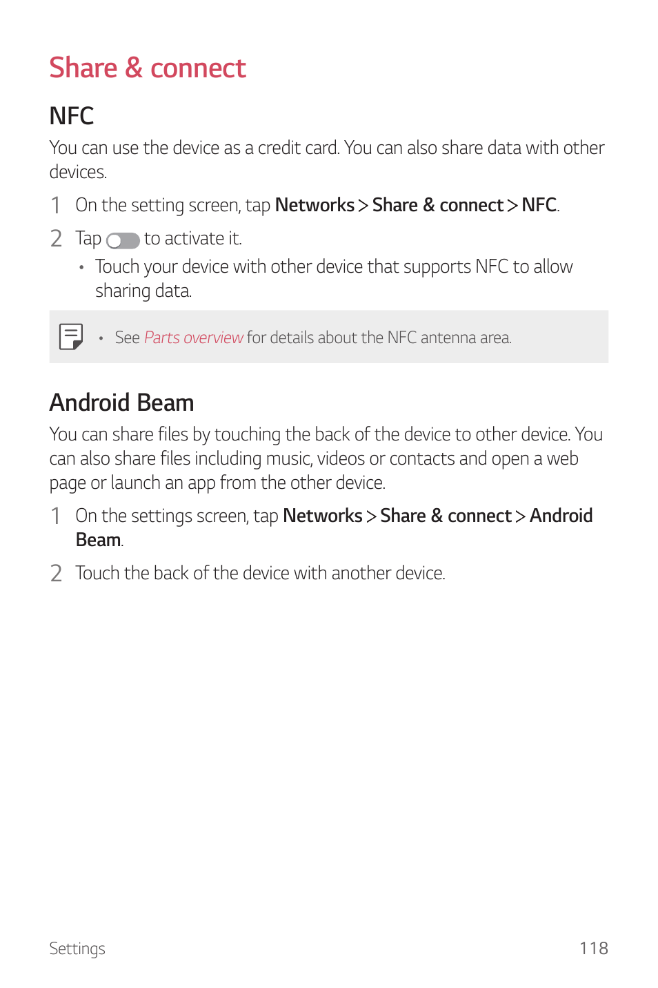 Share & connect, Android beam | LG G6 H872 User Manual | Page 119 / 183