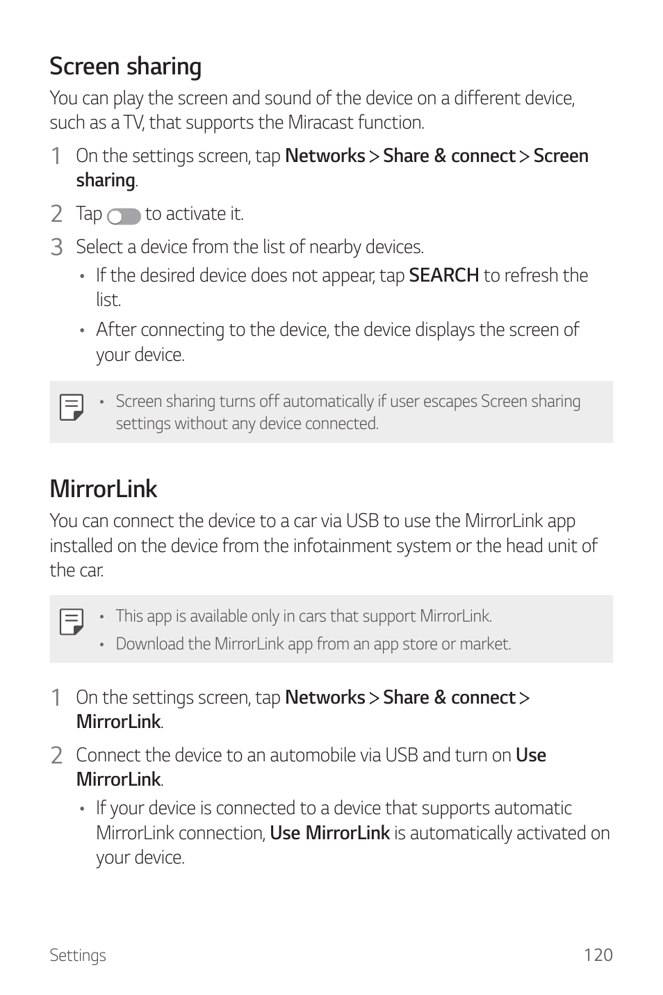 Screen sharing, Mirrorlink | LG G6 H872 User Manual | Page 121 / 183