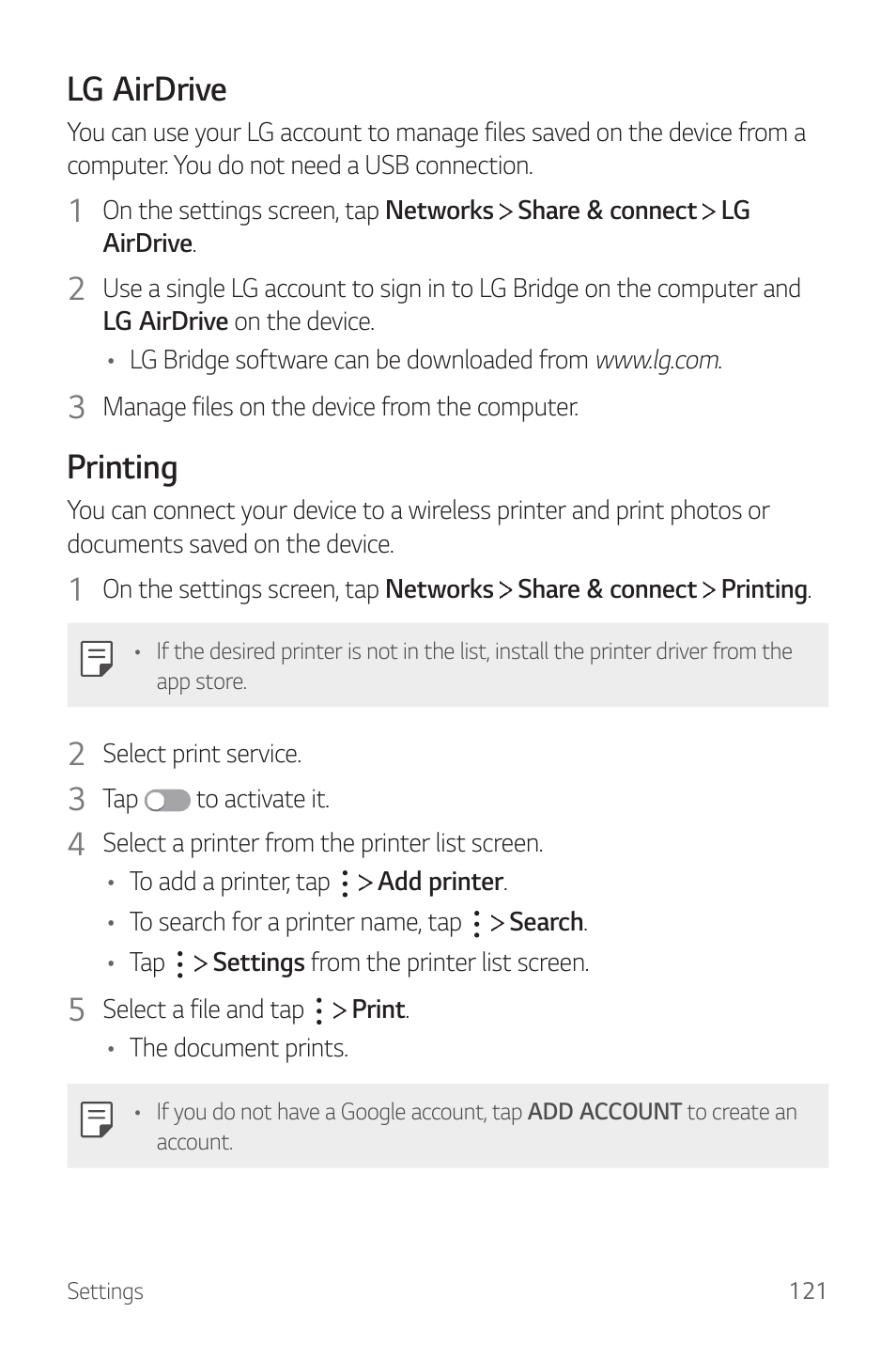 Lg airdrive, Printing | LG G6 H872 User Manual | Page 122 / 183