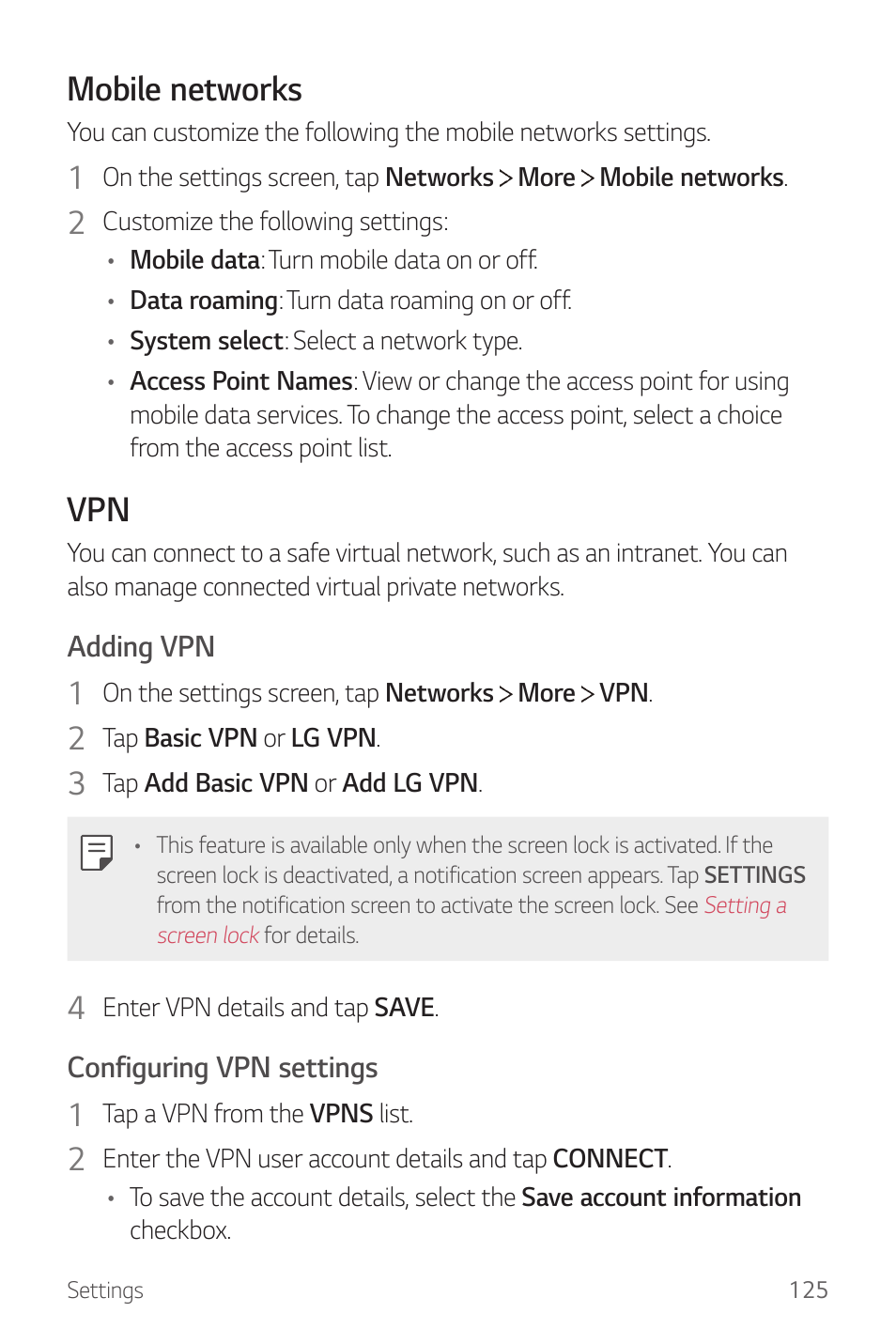 Mobile networks | LG G6 H872 User Manual | Page 126 / 183