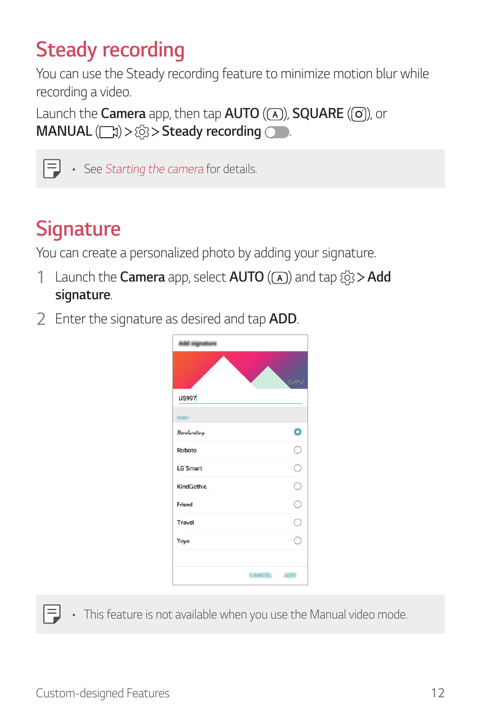 Steady recording, Signature | LG G6 H872 User Manual | Page 13 / 183