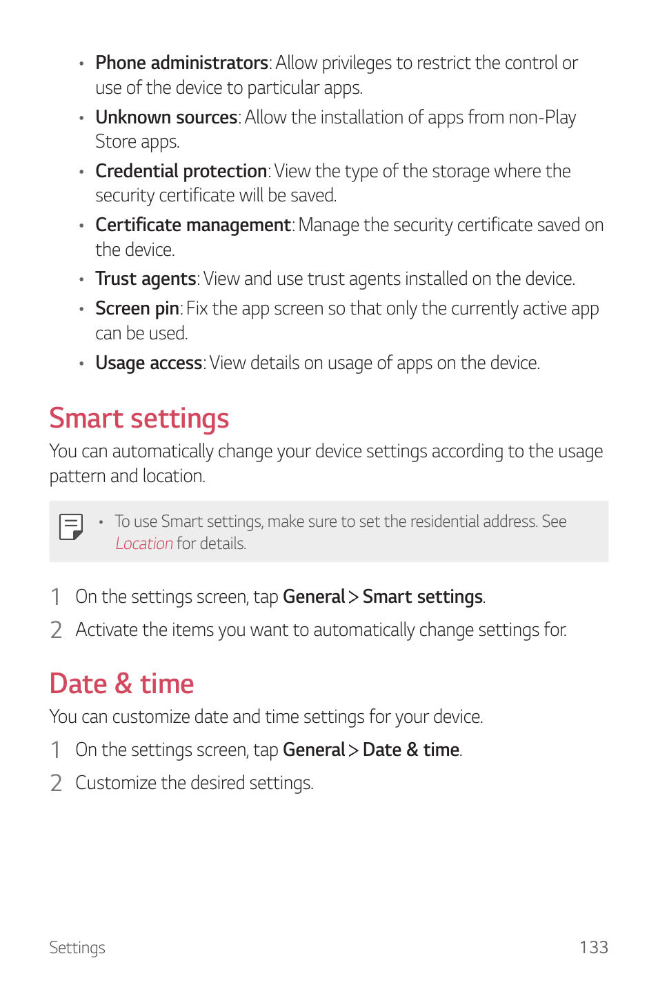 Smart settings, Date & time | LG G6 H872 User Manual | Page 134 / 183