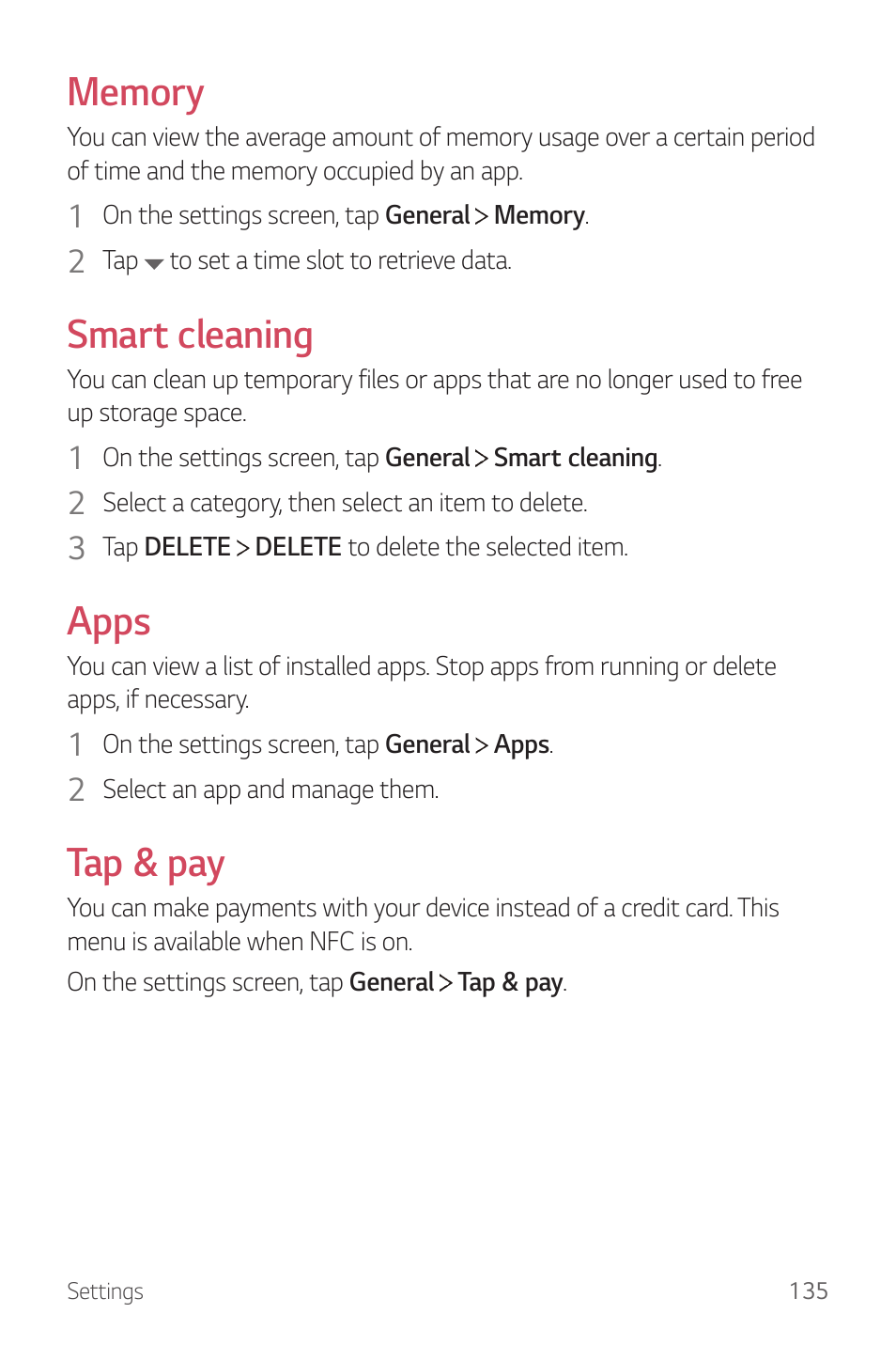 Smart cleaning, Apps, Tap & pay | LG G6 H872 User Manual | Page 136 / 183