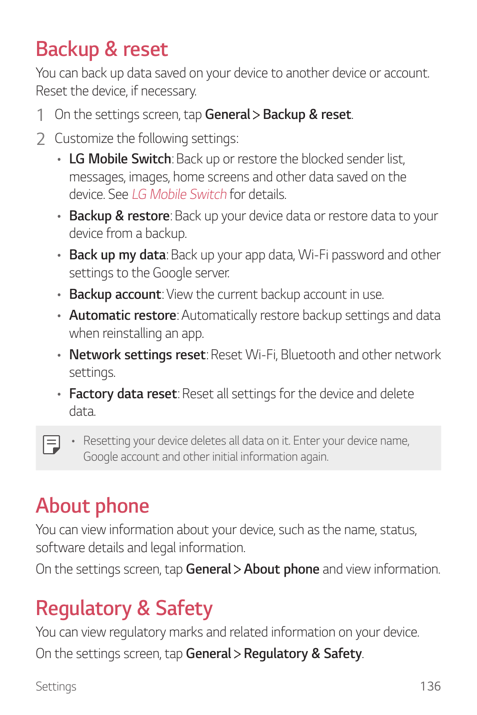 Backup & reset, About phone, Regulatory & safety | LG G6 H872 User Manual | Page 137 / 183