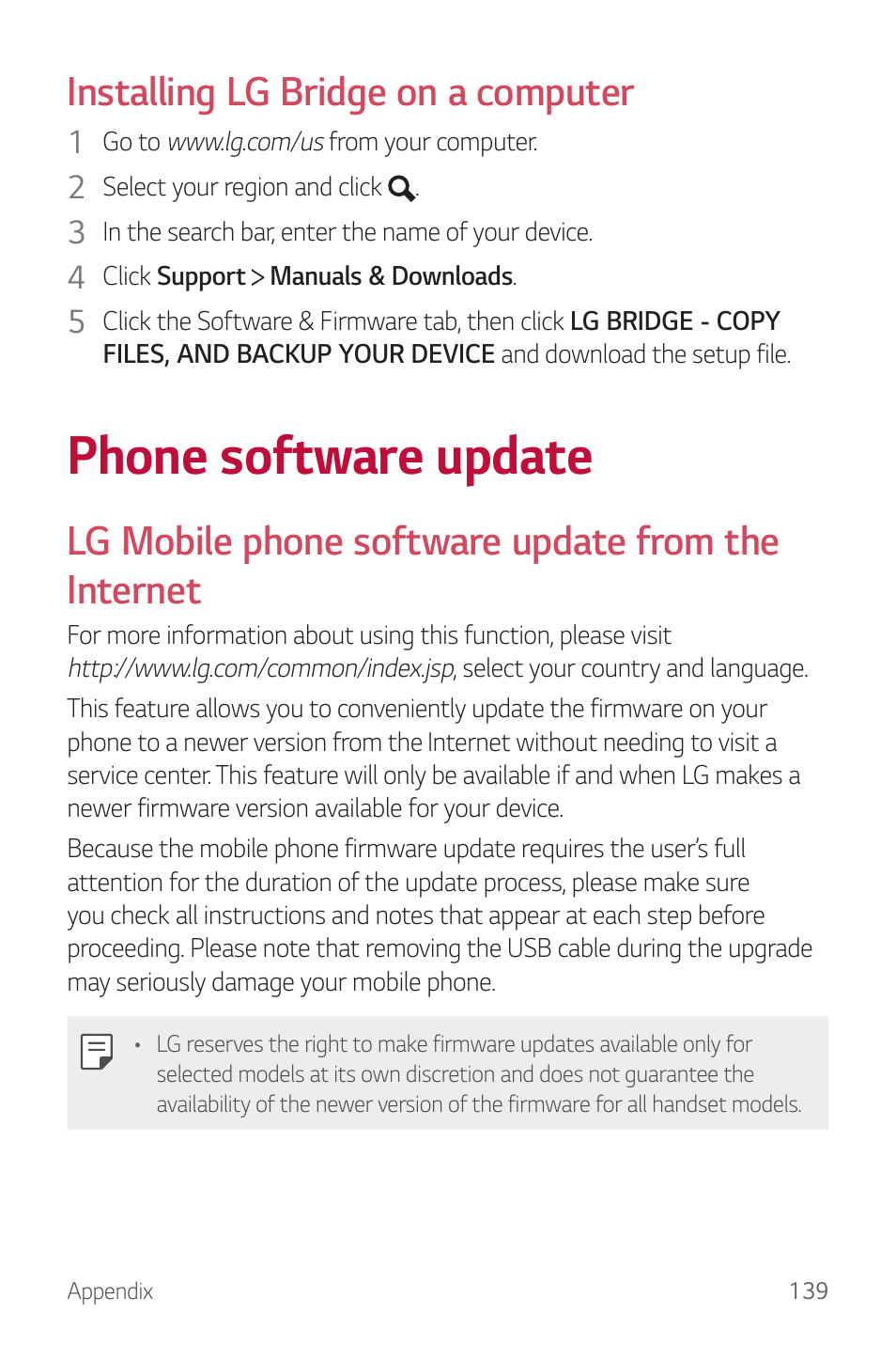 Phone software update, Installing lg bridge on a computer, Lg mobile phone software update from the internet | LG G6 H872 User Manual | Page 140 / 183