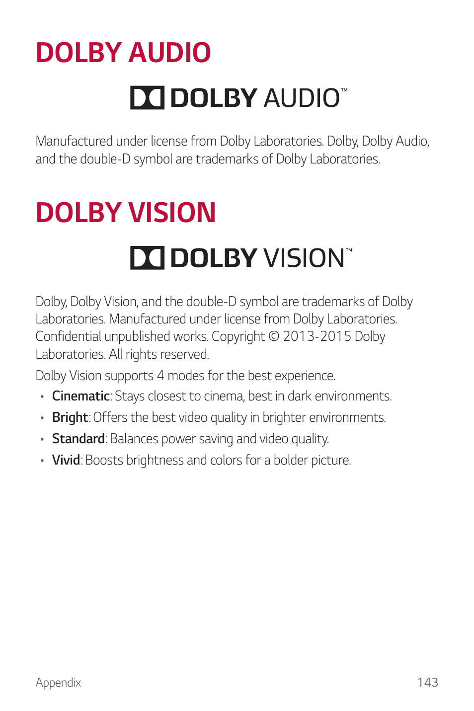 Dolby audio, Dolby vision | LG G6 H872 User Manual | Page 144 / 183