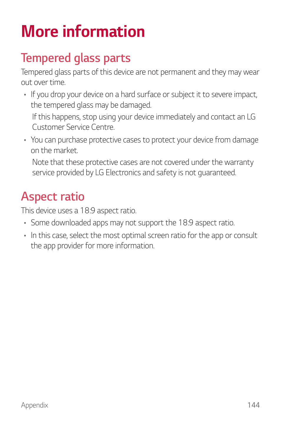 More information, Tempered glass parts, Aspect ratio | LG G6 H872 User Manual | Page 145 / 183