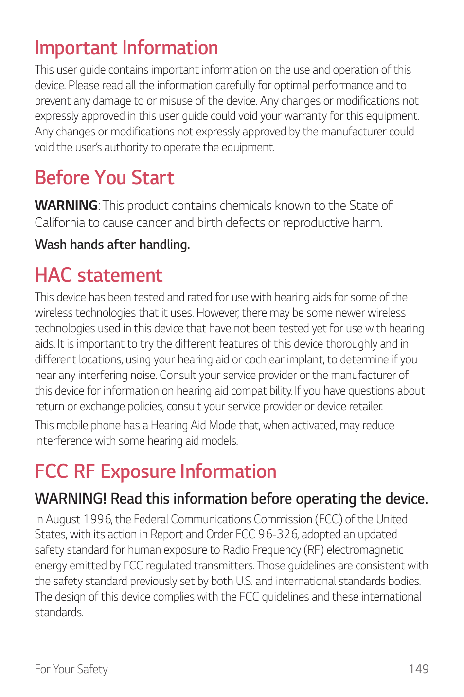 Important information, Before you start, Hac statement | Fcc rf exposure information | LG G6 H872 User Manual | Page 150 / 183