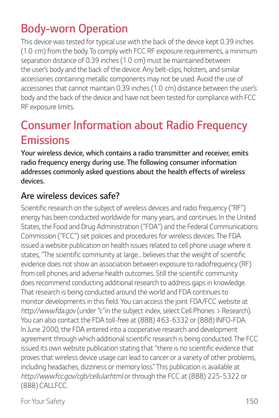 Body-worn operation, Are wireless devices safe | LG G6 H872 User Manual | Page 151 / 183