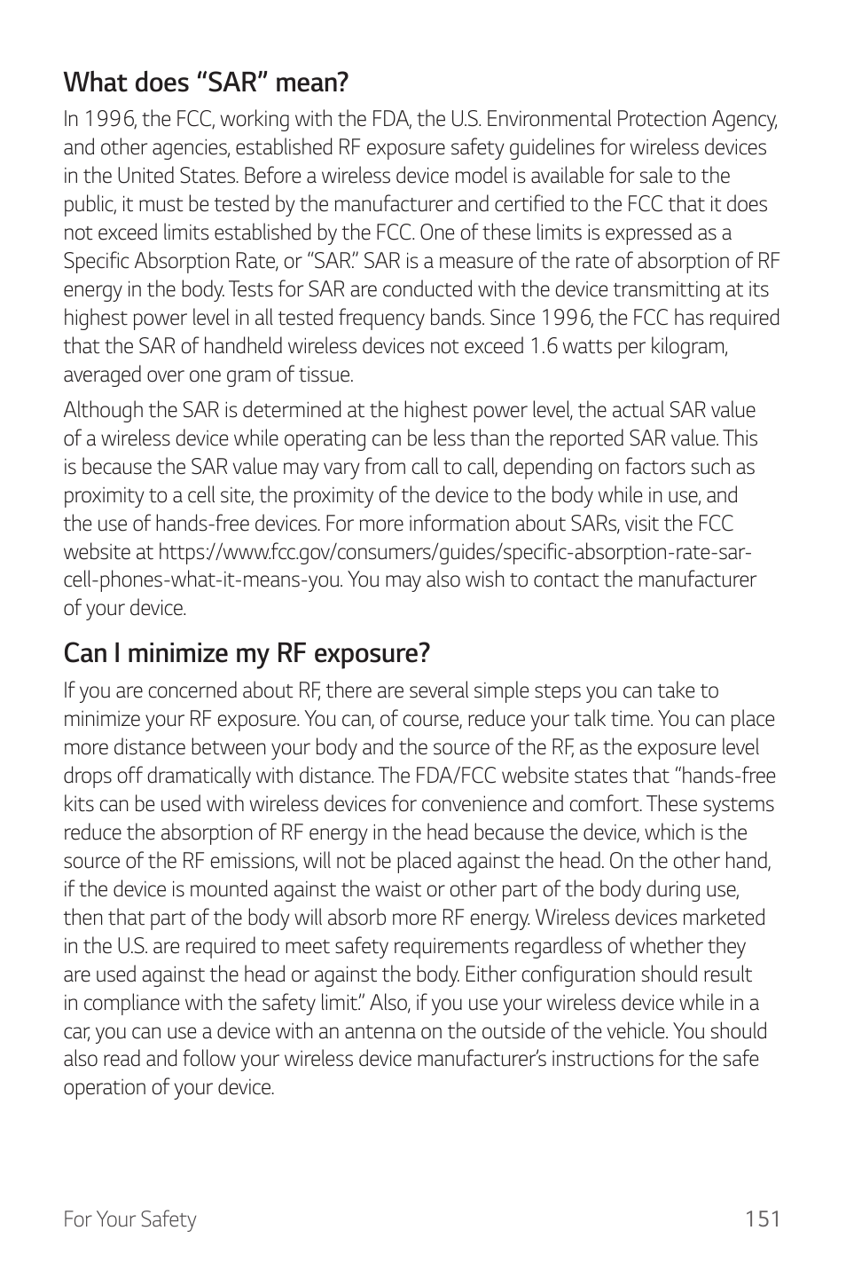 What does “sar” mean, Can i minimize my rf exposure | LG G6 H872 User Manual | Page 152 / 183