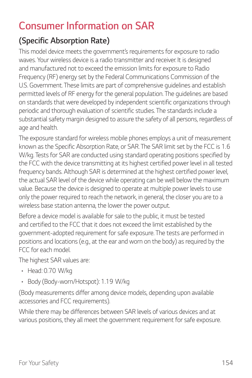 Consumer information on sar, Specific absorption rate) | LG G6 H872 User Manual | Page 155 / 183