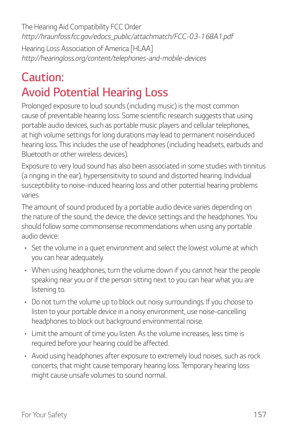 Caution: avoid potential hearing loss | LG G6 H872 User Manual | Page 158 / 183