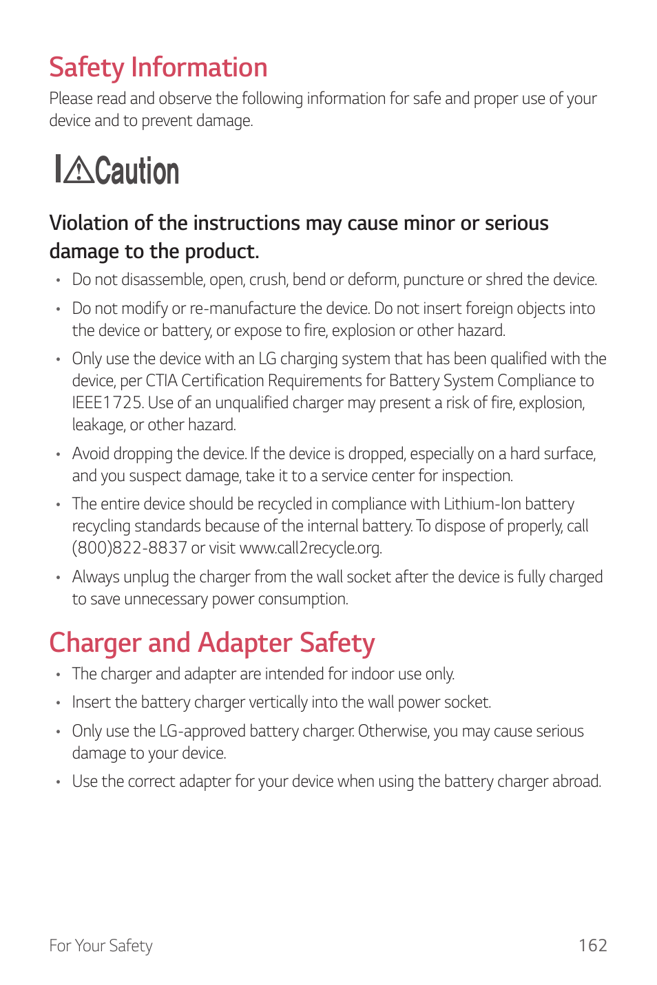 Caution, Safety information, Charger and adapter safety | LG G6 H872 User Manual | Page 163 / 183