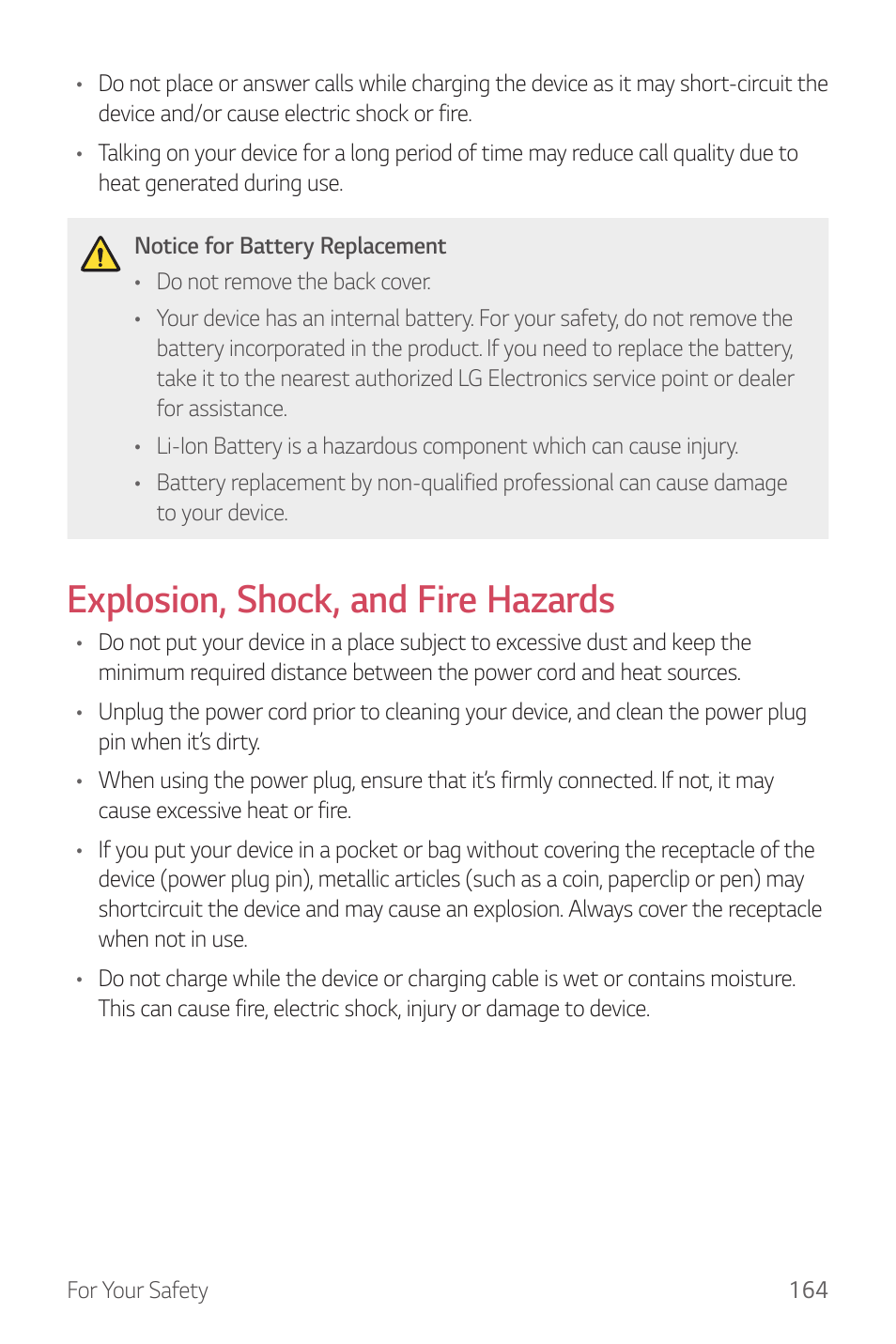 Explosion, shock, and fire hazards | LG G6 H872 User Manual | Page 165 / 183