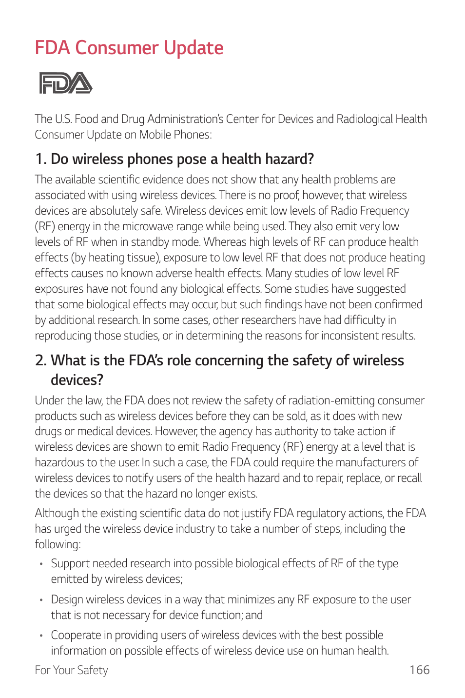 Fda consumer update, Do wireless phones pose a health hazard | LG G6 H872 User Manual | Page 167 / 183