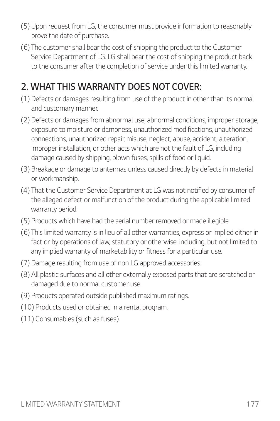 What this warranty does not cover | LG G6 H872 User Manual | Page 178 / 183