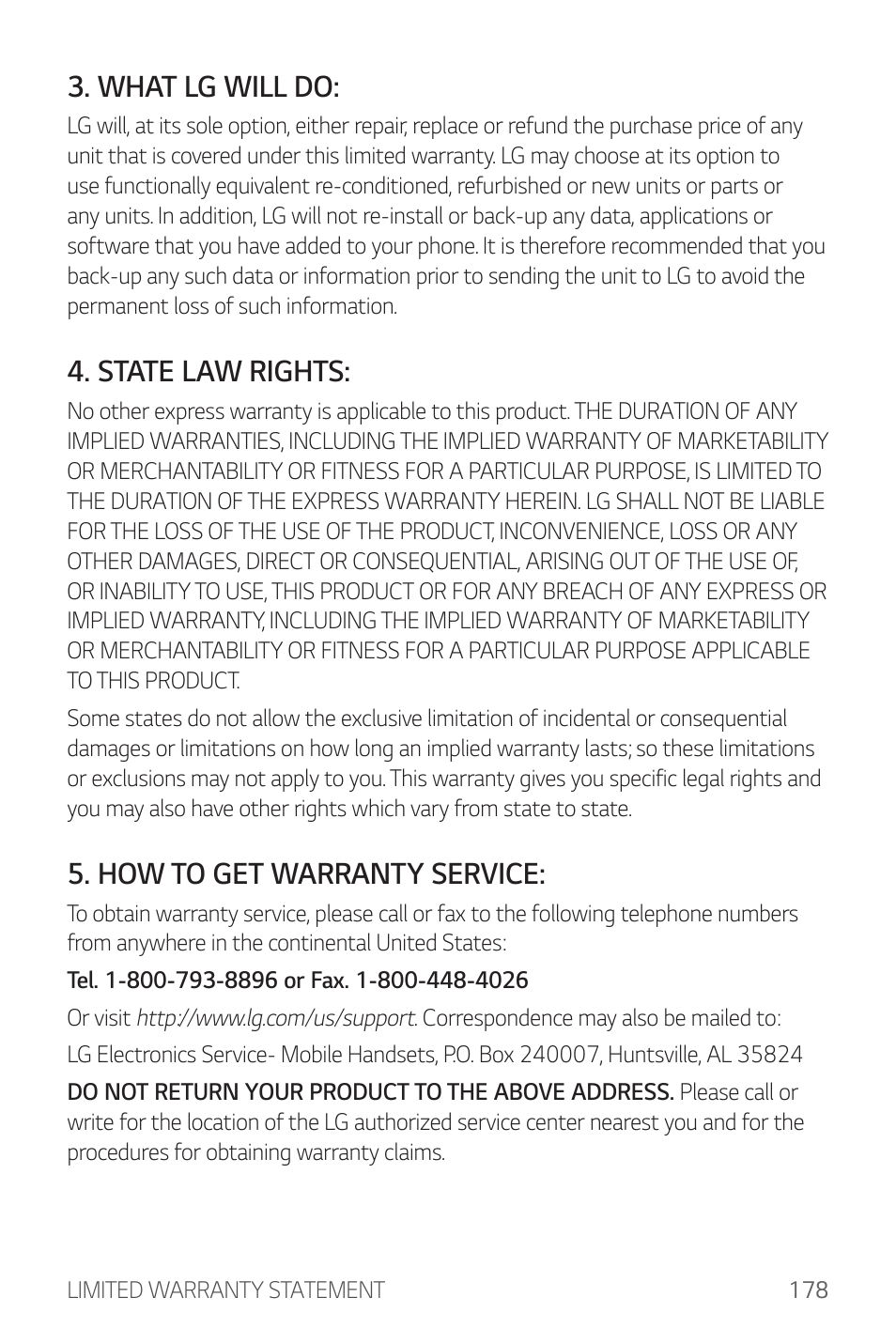 What lg will do, State law rights, How to get warranty service | LG G6 H872 User Manual | Page 179 / 183