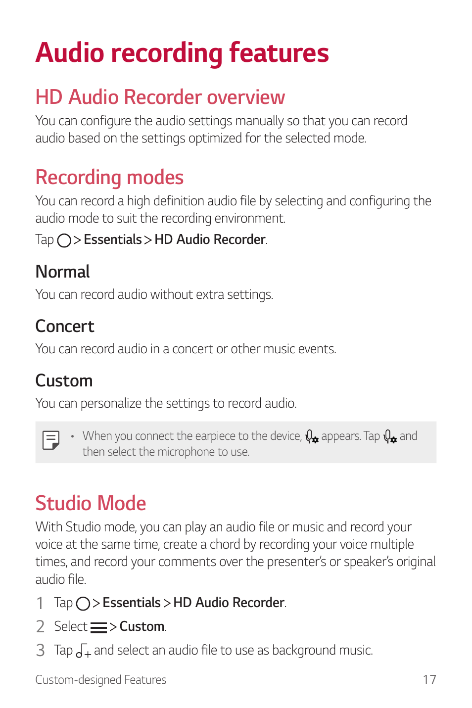 Audio recording features, Hd audio recorder overview, Recording modes | Studio mode, Normal, Concert, Custom | LG G6 H872 User Manual | Page 18 / 183