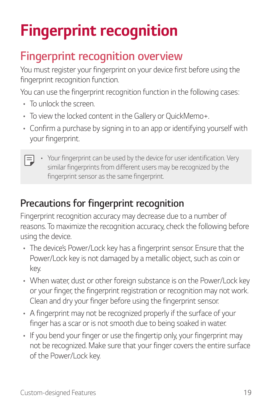 Fingerprint recognition, Fingerprint recognition overview, Precautions for fingerprint recognition | LG G6 H872 User Manual | Page 20 / 183