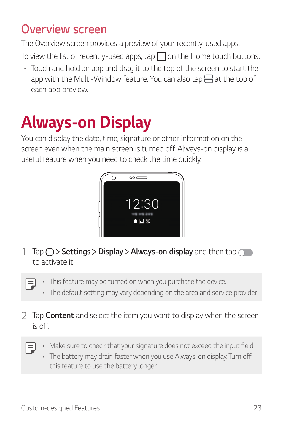 Always-on display, Overview screen | LG G6 H872 User Manual | Page 24 / 183