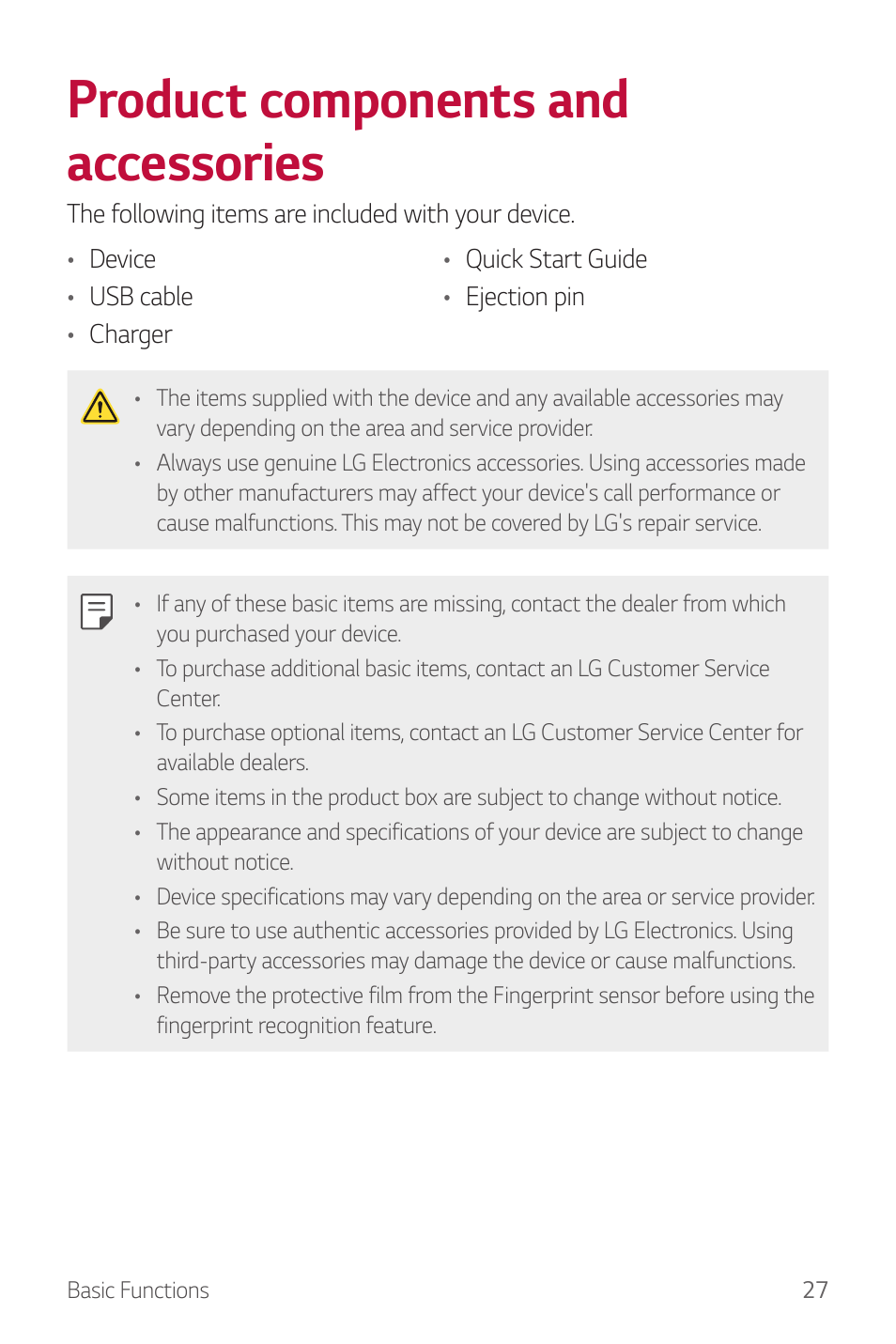 Product components and accessories, Product components and, Accessories | LG G6 H872 User Manual | Page 28 / 183