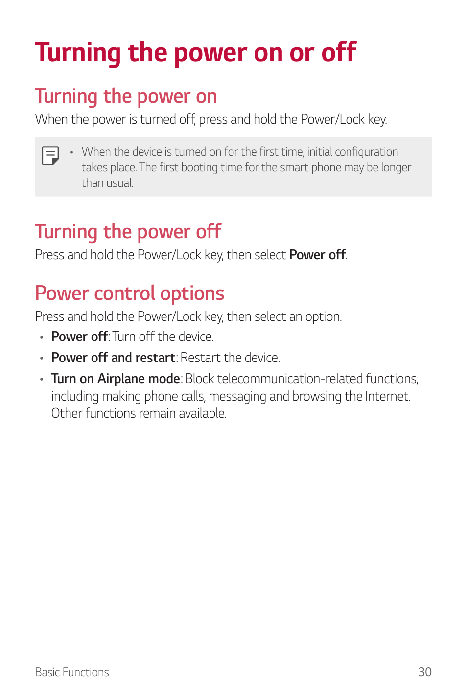 Turning the power on or off, Turning the power on, Turning the power off | Power control options | LG G6 H872 User Manual | Page 31 / 183