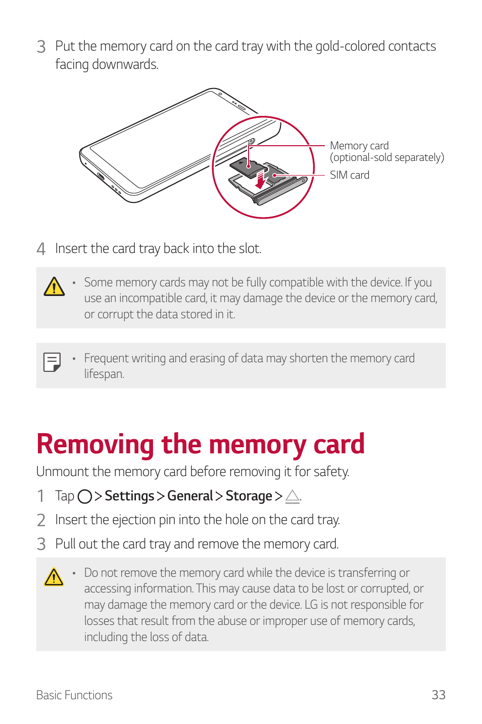 Removing the memory card | LG G6 H872 User Manual | Page 34 / 183