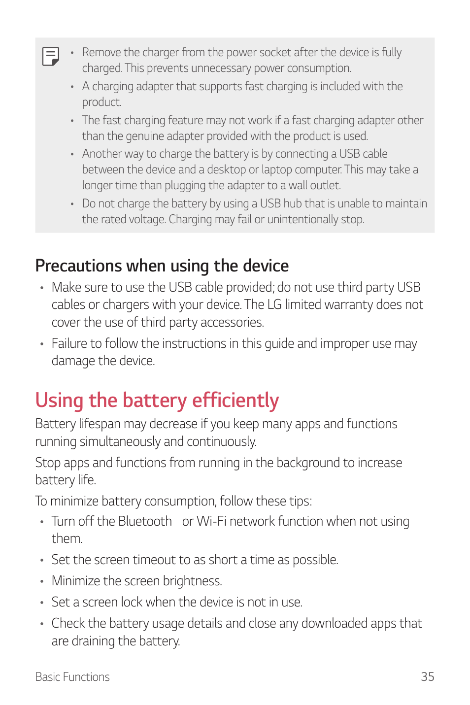 Using the battery efficiently, Precautions when using the device | LG G6 H872 User Manual | Page 36 / 183