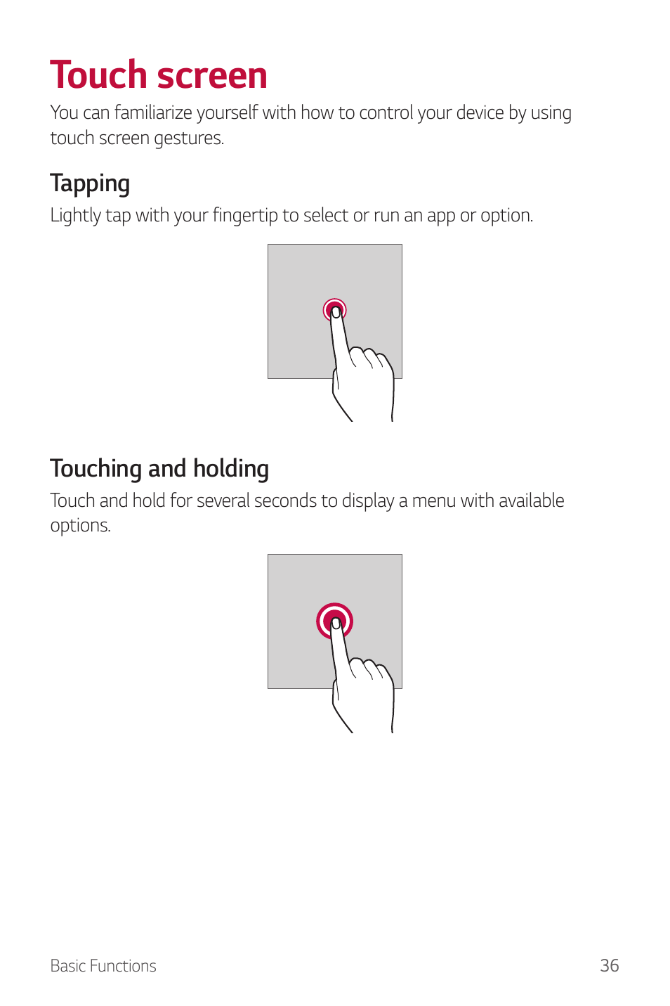 Touch screen, Tapping, Touching and holding | LG G6 H872 User Manual | Page 37 / 183