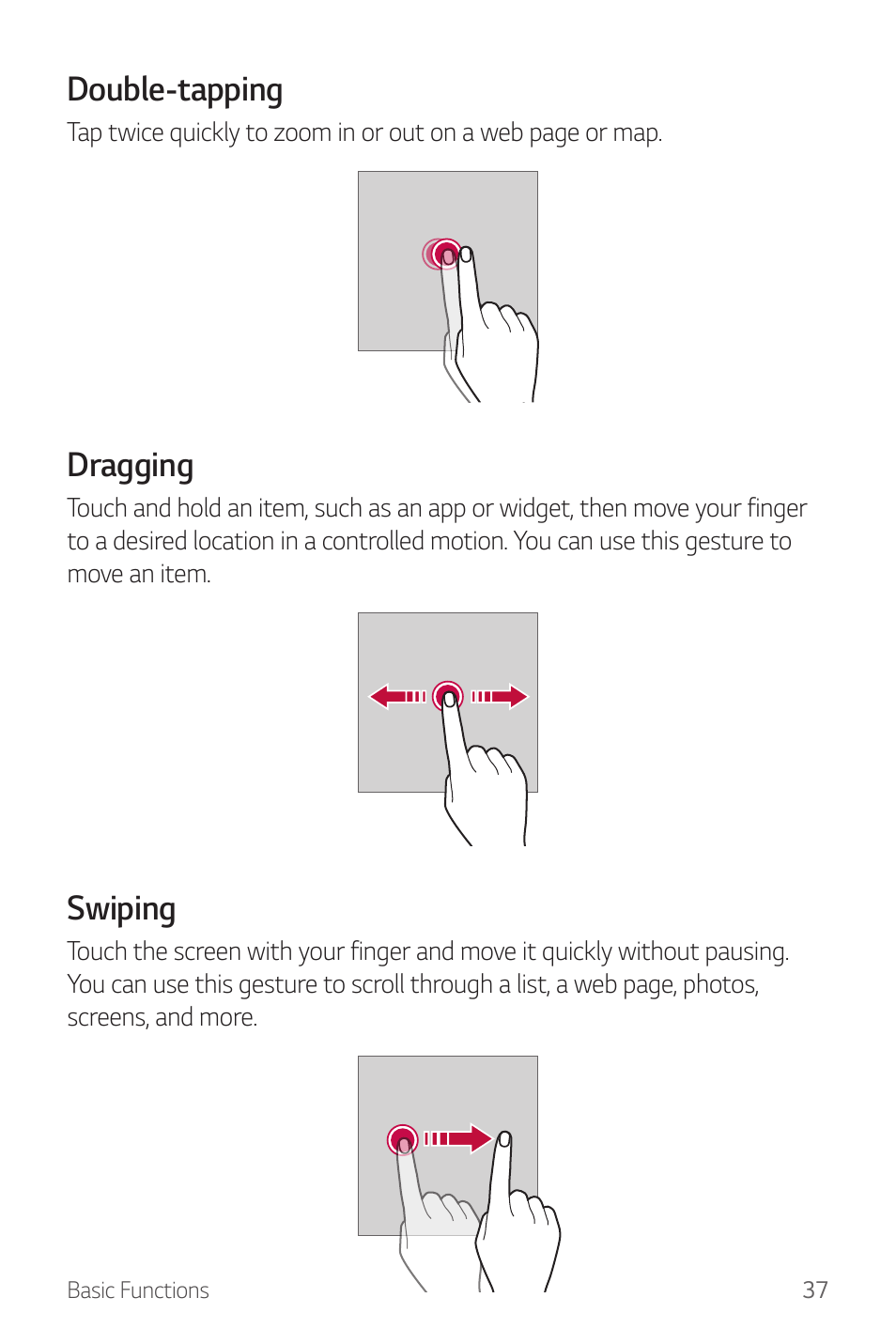 Double-tapping, Dragging, Swiping | LG G6 H872 User Manual | Page 38 / 183