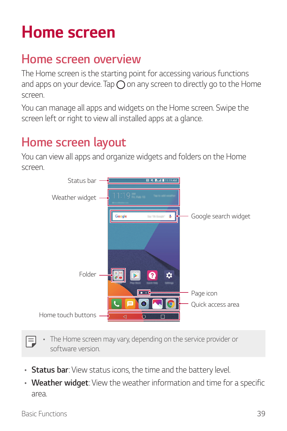 Home screen, Home screen overview, Home screen layout | LG G6 H872 User Manual | Page 40 / 183