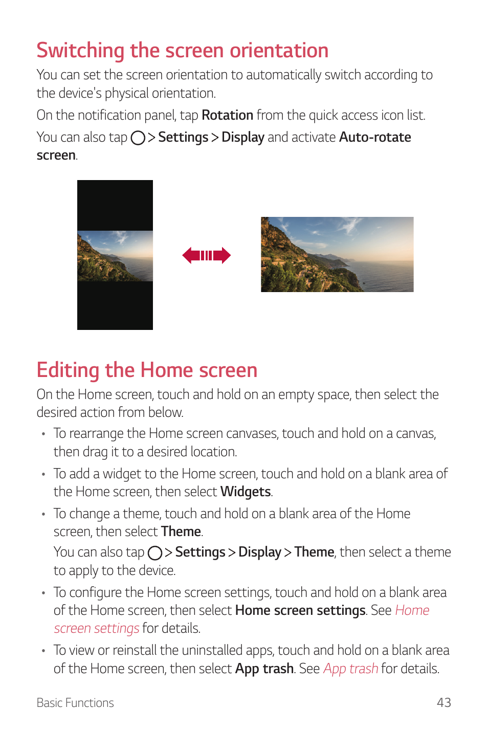 Switching the screen orientation, Editing the home screen | LG G6 H872 User Manual | Page 44 / 183