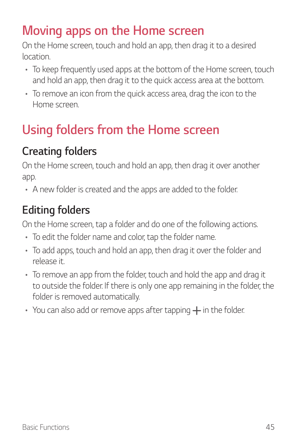 Moving apps on the home screen, Using folders from the home screen, Creating folders | Editing folders | LG G6 H872 User Manual | Page 46 / 183