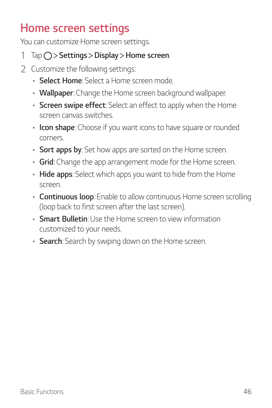 Home, Screen settings, Home screen settings | LG G6 H872 User Manual | Page 47 / 183