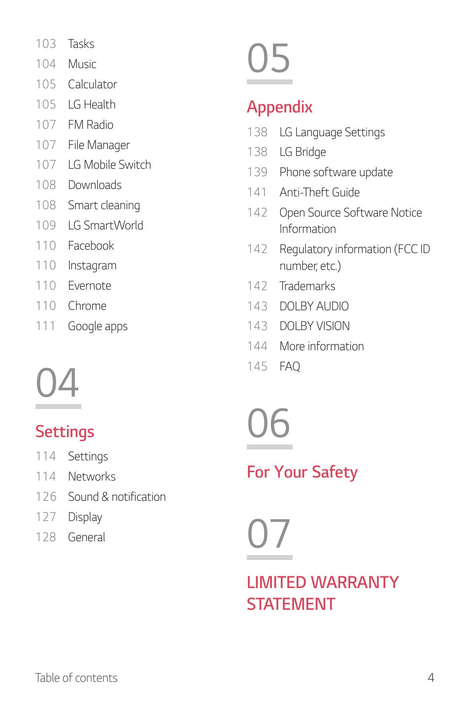 Settings, Appendix, For your safety | Limited warranty statement | LG G6 H872 User Manual | Page 5 / 183