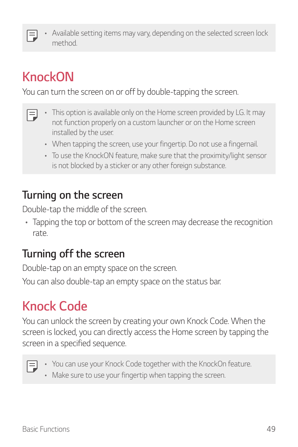 Knockon, Knock code, Turning on the screen | Turning off the screen | LG G6 H872 User Manual | Page 50 / 183