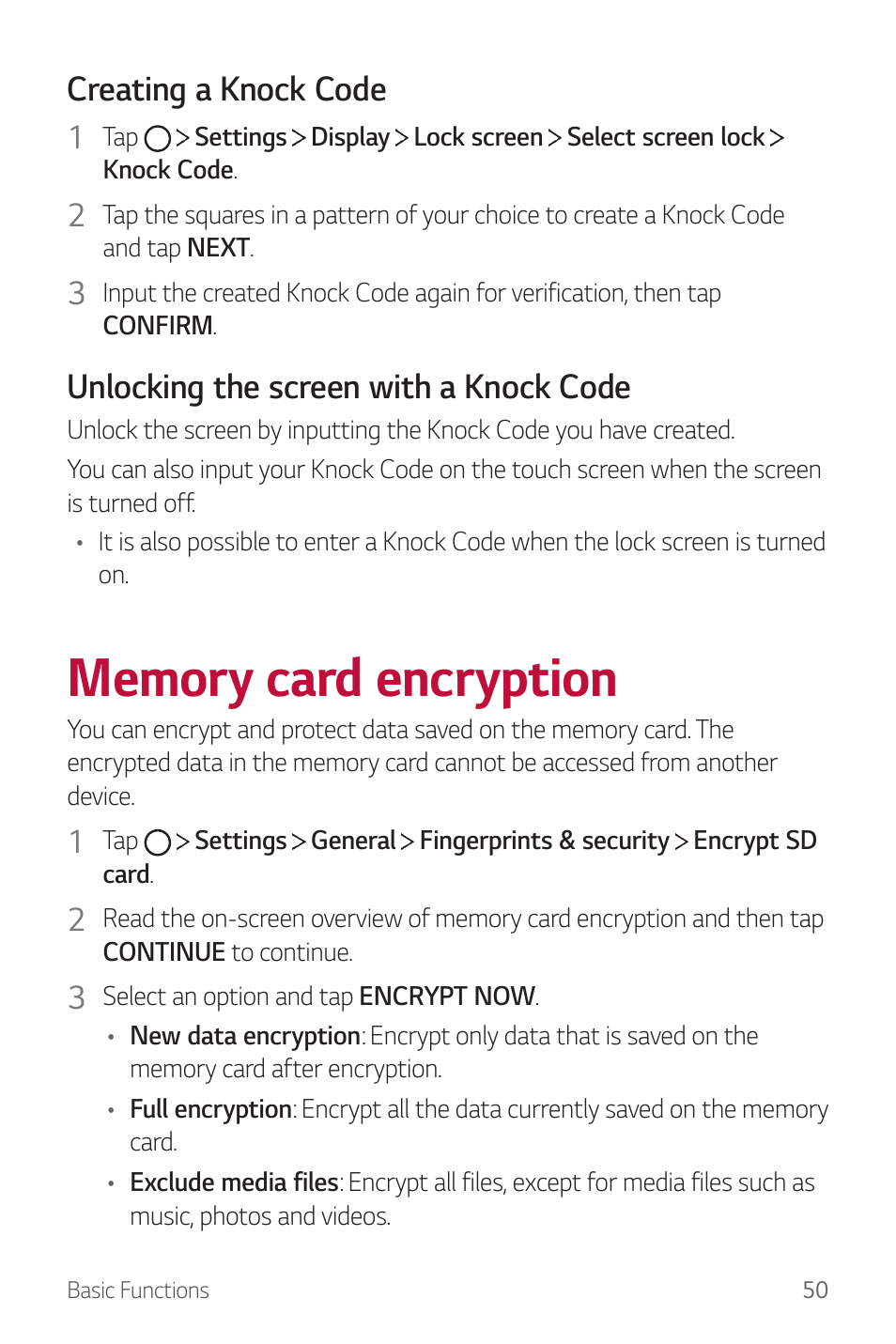 Memory card encryption, Creating a knock code, Unlocking the screen with a knock code | LG G6 H872 User Manual | Page 51 / 183